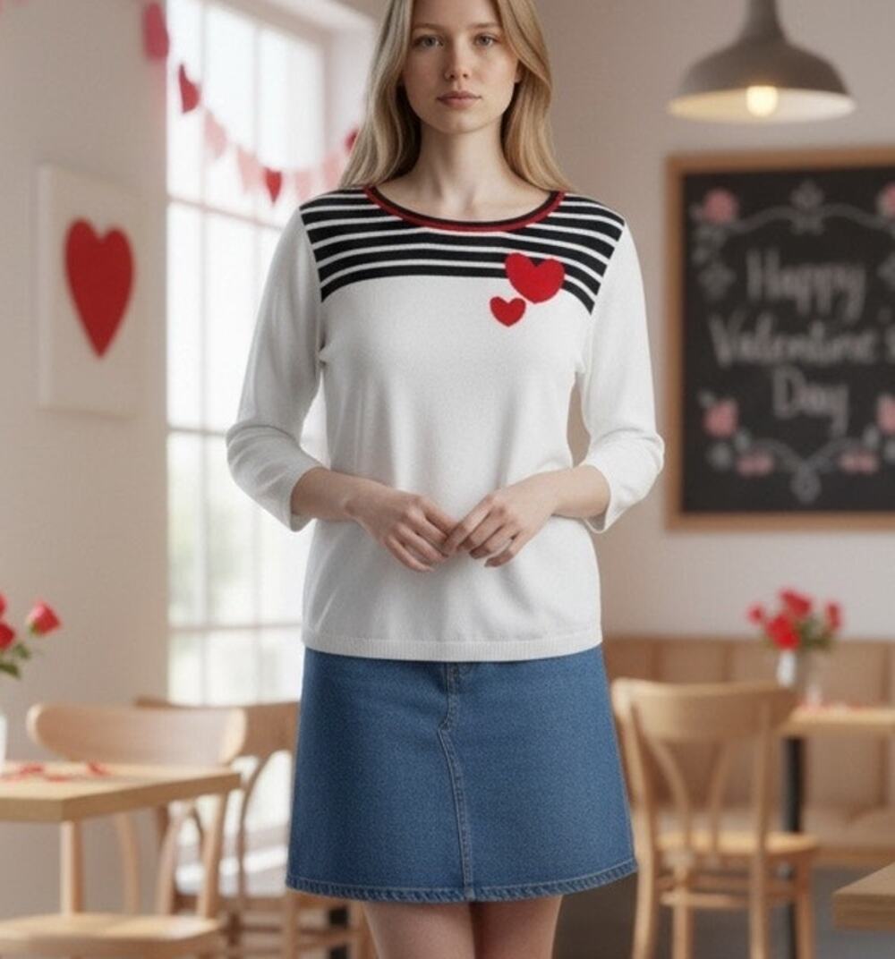 Kim Rogers Sweater Top White w/ Stripes Hearts SZ XL Cotton Valentines Nautical
